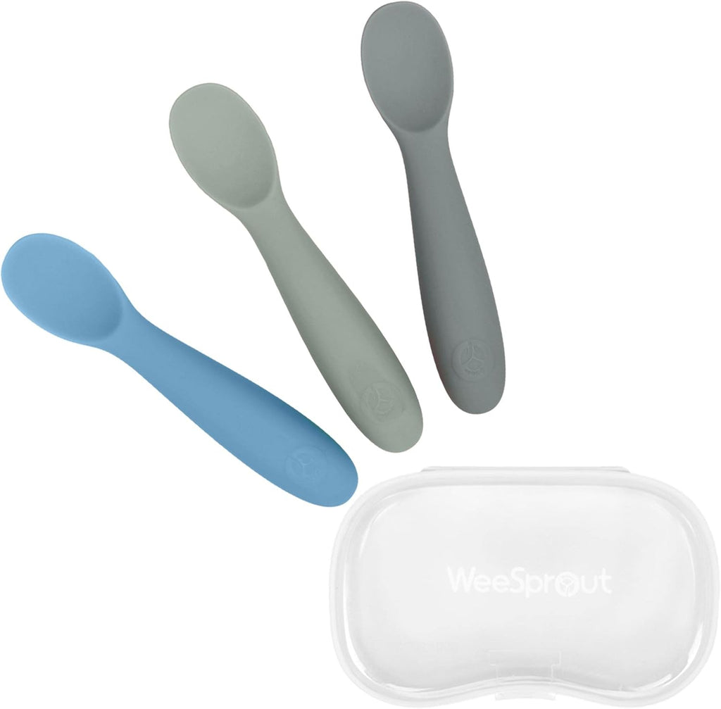WeeSprout baby spoons self feeding set front view with three silicone utensils and carrying case