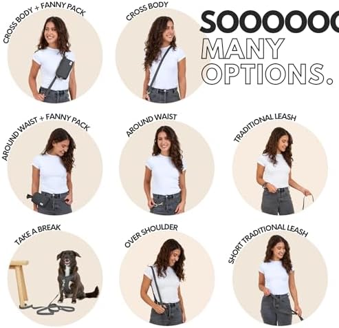 Model wearing Elby hands free leash cross body style