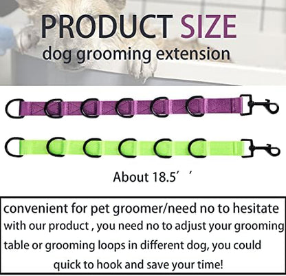 Adjustable D-ring system on purple and green dog grooming straps