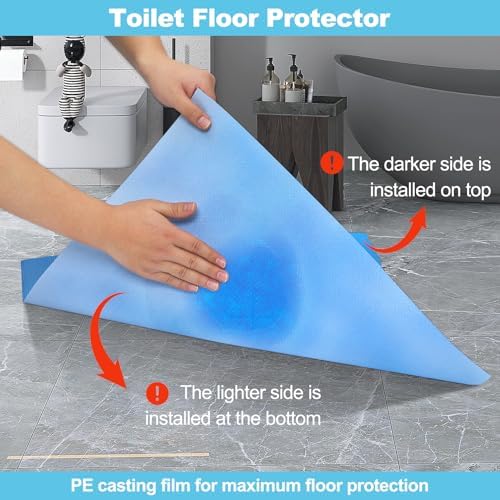 Demonstration of trimming the U-shaped toilet mat with scissors for a custom bathroom fit.
