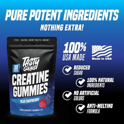 Tasty Gains Creatine Gummies vegan and non-GMO label