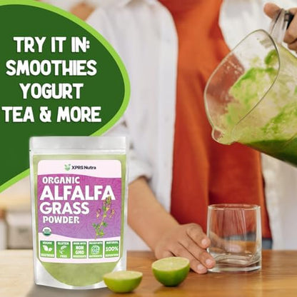 Scoop of Xprs Nutra green alfalfa powder