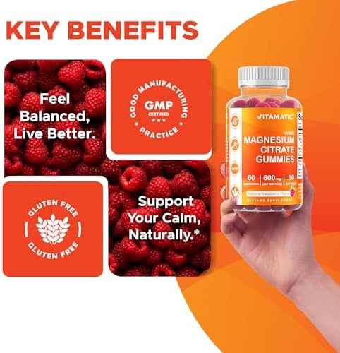 Vitamatic Magnesium Gummies sixty count bottle label highlighting good manufacturing practices and vegan status