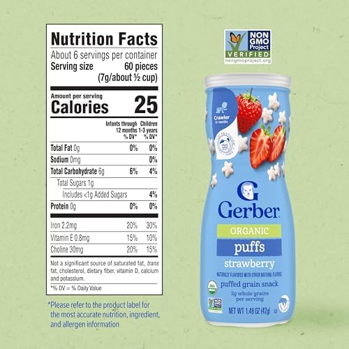Gerber baked grain baby puffs pack of six nutrition facts and ingredient list label