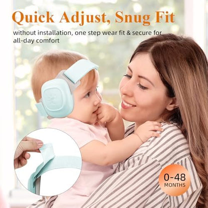 Baby wearing soft Beboan ear defenders during airplane travel