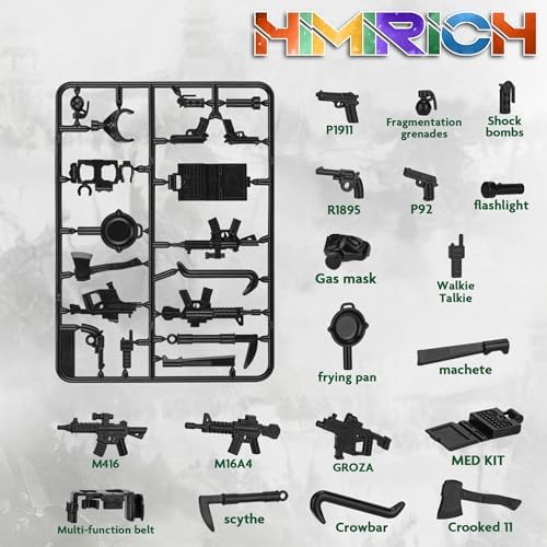 Assorted black plastic tactical gear and military equipment parts arranged on a flat surface.