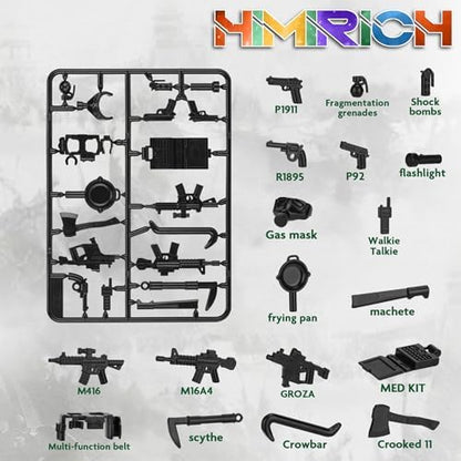 Assorted black plastic tactical gear and military equipment parts arranged on a flat surface.