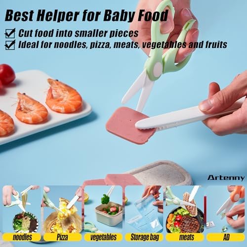 Artenny baby feeding shears cutting soft organic vegetables into small bite sized pieces on a plate.