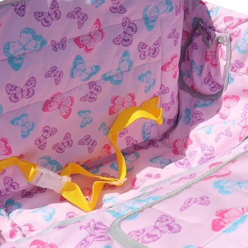Detailed view of the butterfly pattern fabric and safety features