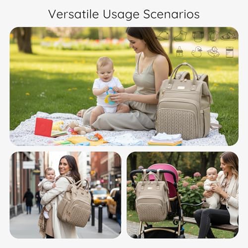 AIJIEKE maternity backpack showing front insulated bottle pockets and side elastic wipe pocket