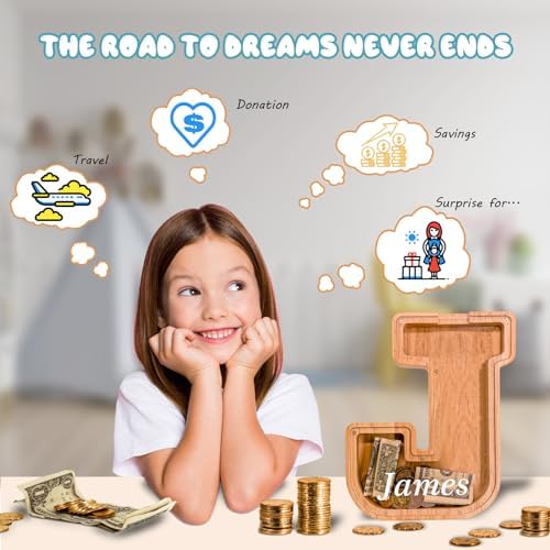 JOOMLAFLY initial coin bank standing stably on a modern children nursery bookshelf decor setup.