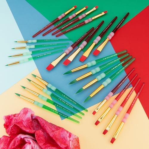 Close up view of the ergonomic soft rubber gripper and durable acrylic handle on the Royal and Langnickel kids classroom paint brush.