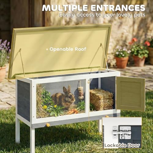 PawHut Outdoor Rabbit Hutch, Wooden Bunny Cage with Openable Roof and Pull-Out Tray, Elevated Guinea Pig Cage for Rabbits, Chinchillas and Small Animals, Indoor Outdoor Use, Gray - Image 5