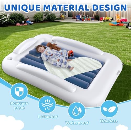 Cozy children air bed set rolled up inside the blue carry case