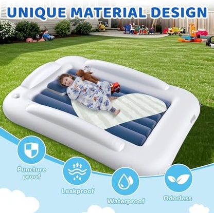 Cozy children air bed set rolled up inside the blue carry case
