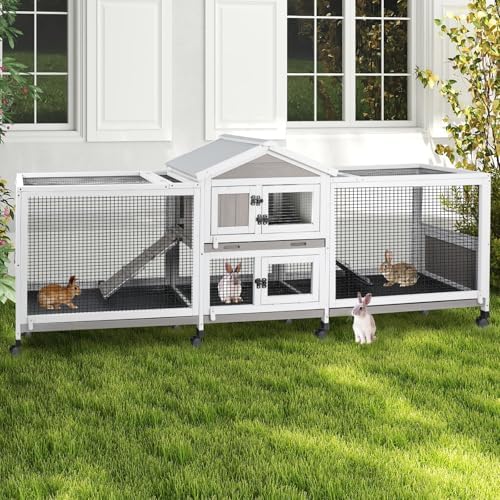 PetsCosset Double Rabbit Hutch Outdoor Indoor Large Bunny Cage with Dual Side Runs, 2-Story Wooden Hutch with 4 Leak Proof Trays, 8 Wheels, Waterproof Roof, Ramp, for Small to Medium Animals - Image 2