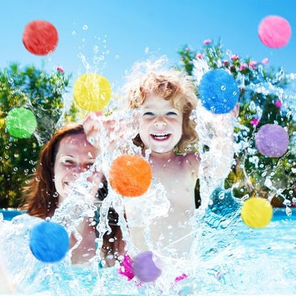 A child dunking a bunch of colorful sponge water balloons into a water bucket for an instant refill.