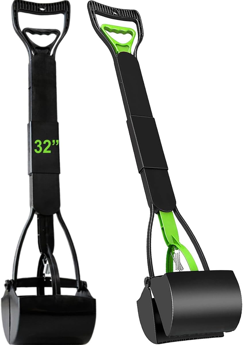 WOILIFE pet waste grabber standing upright on a garden lawn to show the 32 inch extended length.
