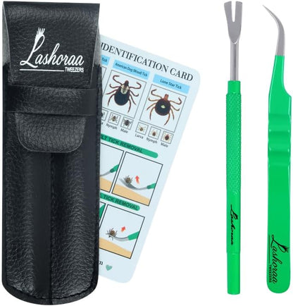 Valonic stainless steel tick removal tool kit front view with leather case