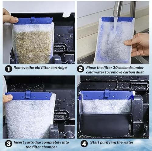 Clean water filtration process with activated carbon fish tank pads