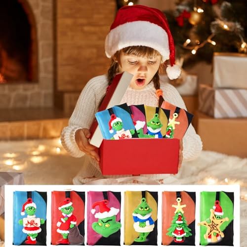 Twelve pieces of Grinch and festive themed stocking stuffer toys arranged neatly.