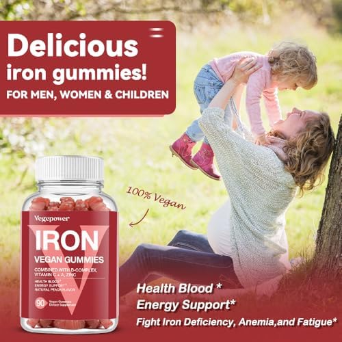 Top angle view of ninety vegan iron gummies spilling out of the authentic USA imported supplement bottle.