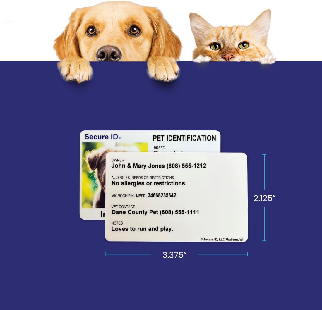 Close up view of durable PVC material and bright printing on pet safety card.