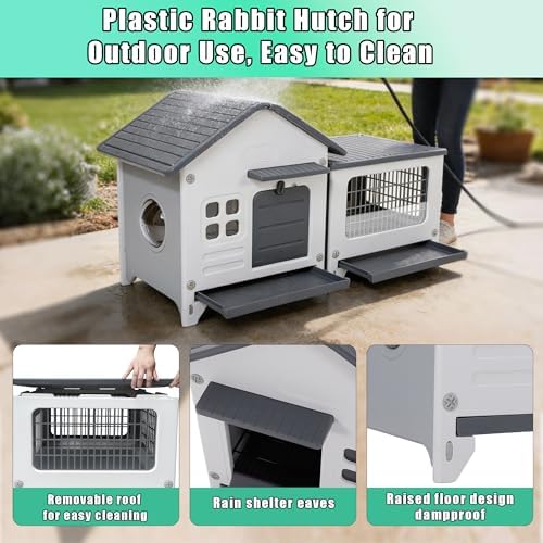 Rabbit Hutch Indoor & Outdoor with Extended Play Area, Plastic Rabbit Hutch with Sloped Roof Drainage, Panoramic Windows, Urine Barrier & Pull-Out Tray, Rabbit Cage with Run Easy to Clean and Assemble - Image 6