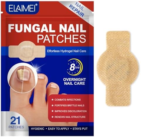 Plethora overnight hydrogel patches applied to a damaged toenail for repair.