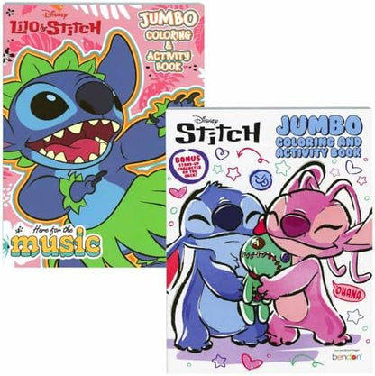 Two pack bundle of Bendon Disney Stitch jumbo activity books showing perforated pages and interactive puzzles.