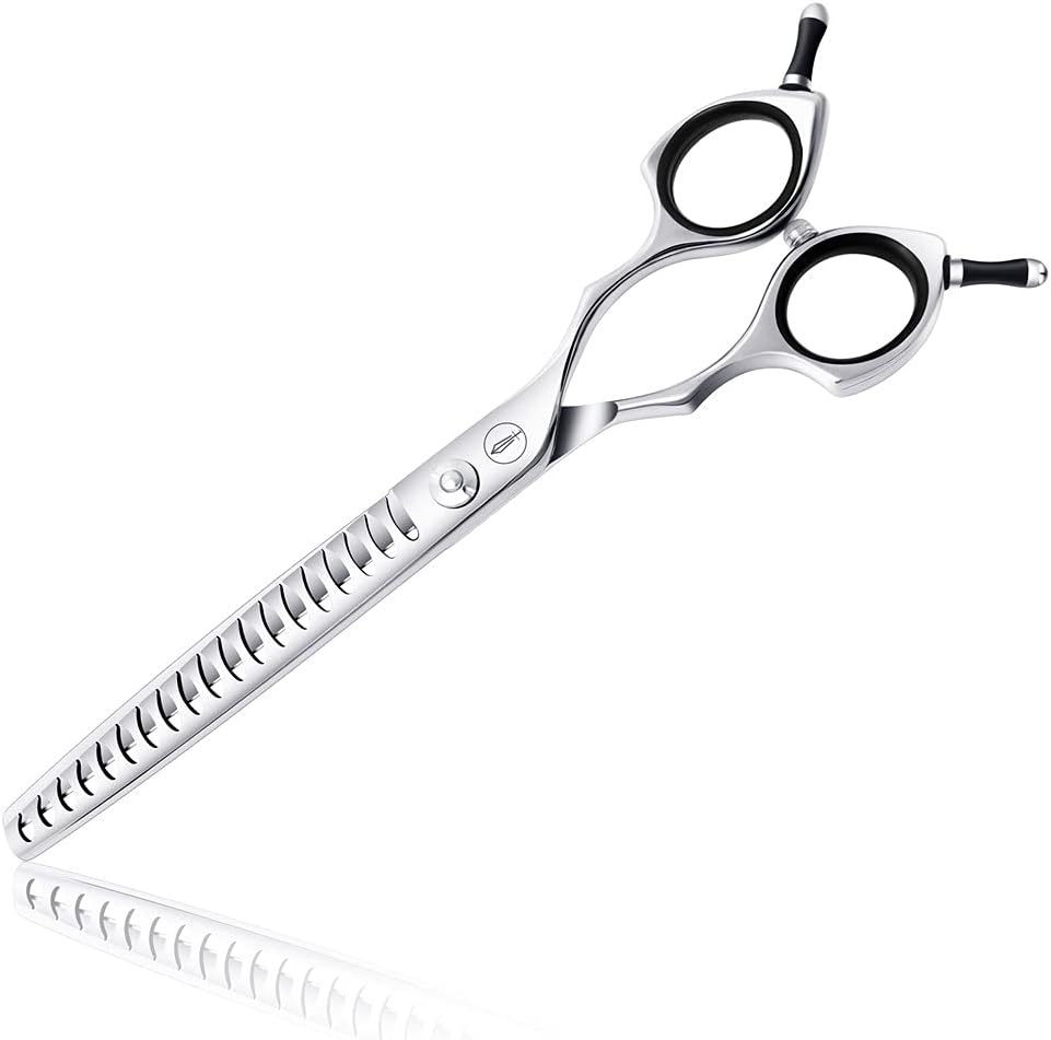 HASHIMOTO Japanese steel pet shears highlighting the adjustable tension screw mechanism