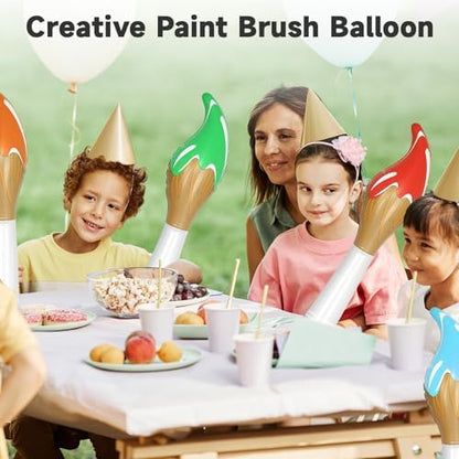 A row of four giant premium quality inflatable paint brushes suspended from a ceiling for an art exhibition theme.
