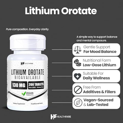 HealthFare Lithium Orotate 200 vegetarian tablets supplement facts and ingredient profile
