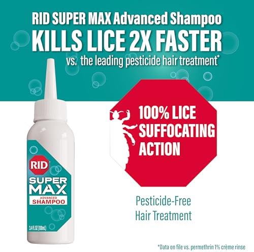 Pesticide free super lice treatment kit showing the 3.4 fluid ounce shampoo bottle and specialized nit removal comb