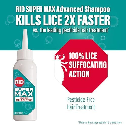 Pesticide free super lice treatment kit showing the 3.4 fluid ounce shampoo bottle and specialized nit removal comb