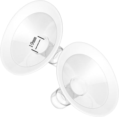 Pumpmom-US 19mm oval breast pump flanges front view showing clear plastic construction