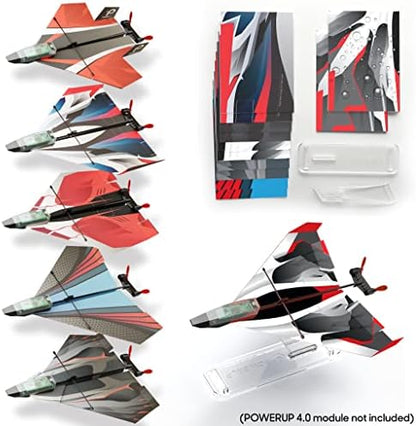 PowerUp Paper Airplane model resting on the included black plastic desktop showcase stand.