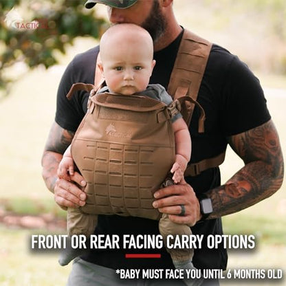 Wolf Tactical baby carrier demonstrating secure strap fit