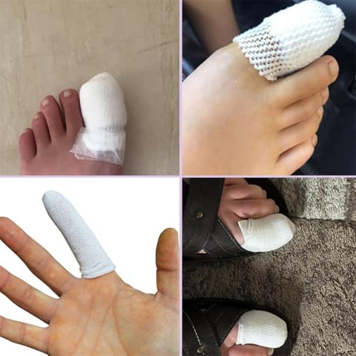Package contents showing the white tubular bandage roll and blue finger support braces.