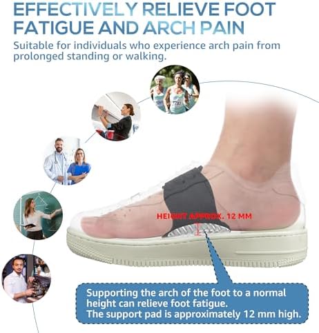 Black adjustable foot arch support being worn with athletic sneakers.