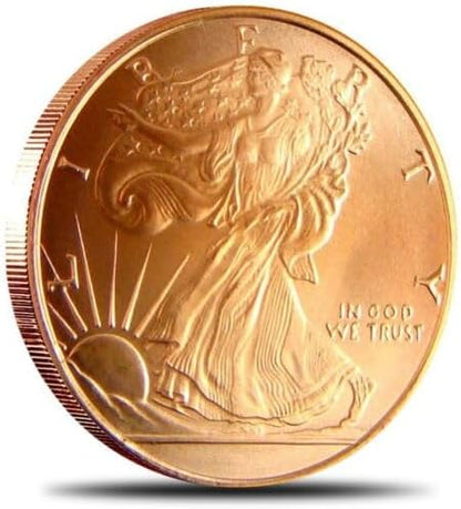 Unique Metals copper challenge coins stacked outside of the protective plastic coin tube display