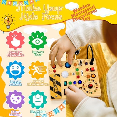 Toddler hands interacting with the switches and twenty four LED lights on the authentic RichBoy sensory activity board.
