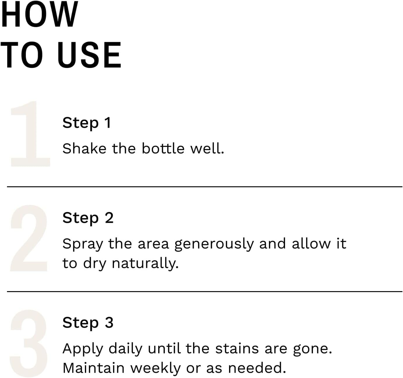 Instructions for using Eye Envy pet stain spray