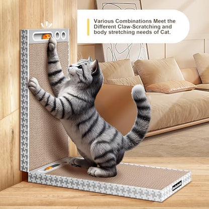 Three piece set of corrugated cardboard cat furniture protectors showing product dimensions.