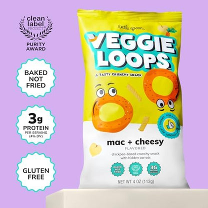 The complete four pack collection of Little Spoon Mac and Cheese toddler snacks arranged together.