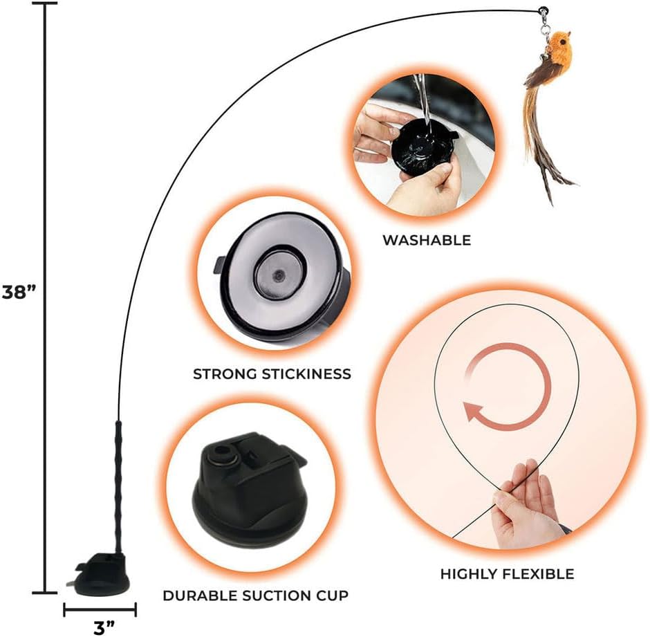 Flexible steel wire wand demonstrating the realistic prey motion of the Whiskertons cat toy.
