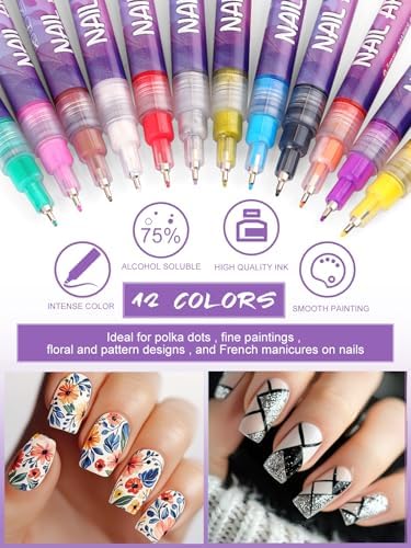 Selection of 12 vibrant nail art pens arranged in a set