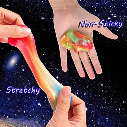 Children playing with colorful space themed sensory slime at a birthday party