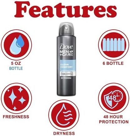Six cans of Dove Men Care Clean Comfort dry spray antiperspirant showing the front packaging details and moisturizing benefits