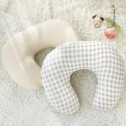 Beige and khaki checkered nursing pillow cover on standard feeding pillow